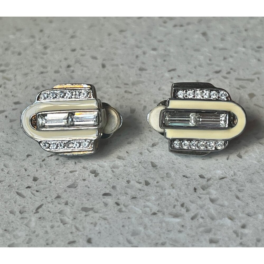 Givenchy Vintage Art Deco Clip-On Earrings With Rhinestones & Baguette Crystals - Picture 2 of 8